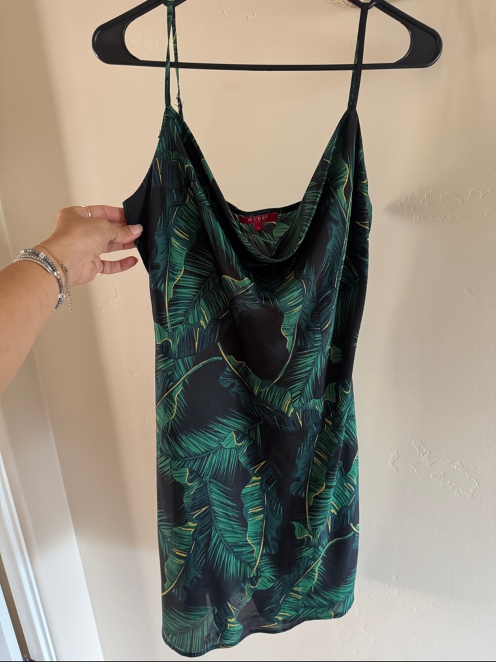 Guess Black Slip Dress with Green Tropical Leaf Print